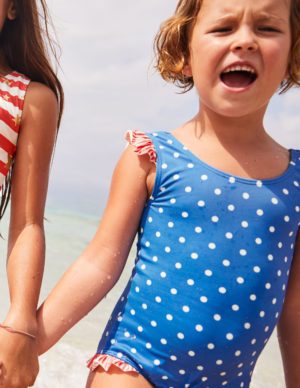 Frilly Printed Swimsuit – Oasis Blue/Ivory Spots