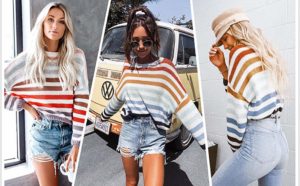 Women Sweaters Long Sleeve Crew Neck Color Block Striped Oversized Casual Knitted Pullover