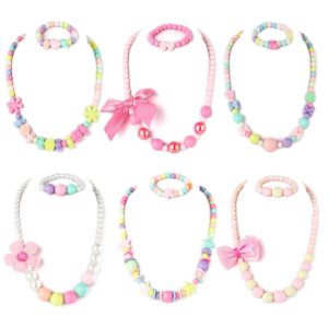 PinkSheep Beaded Necklace and Beads Bracelet for Kids, 6 Sets,